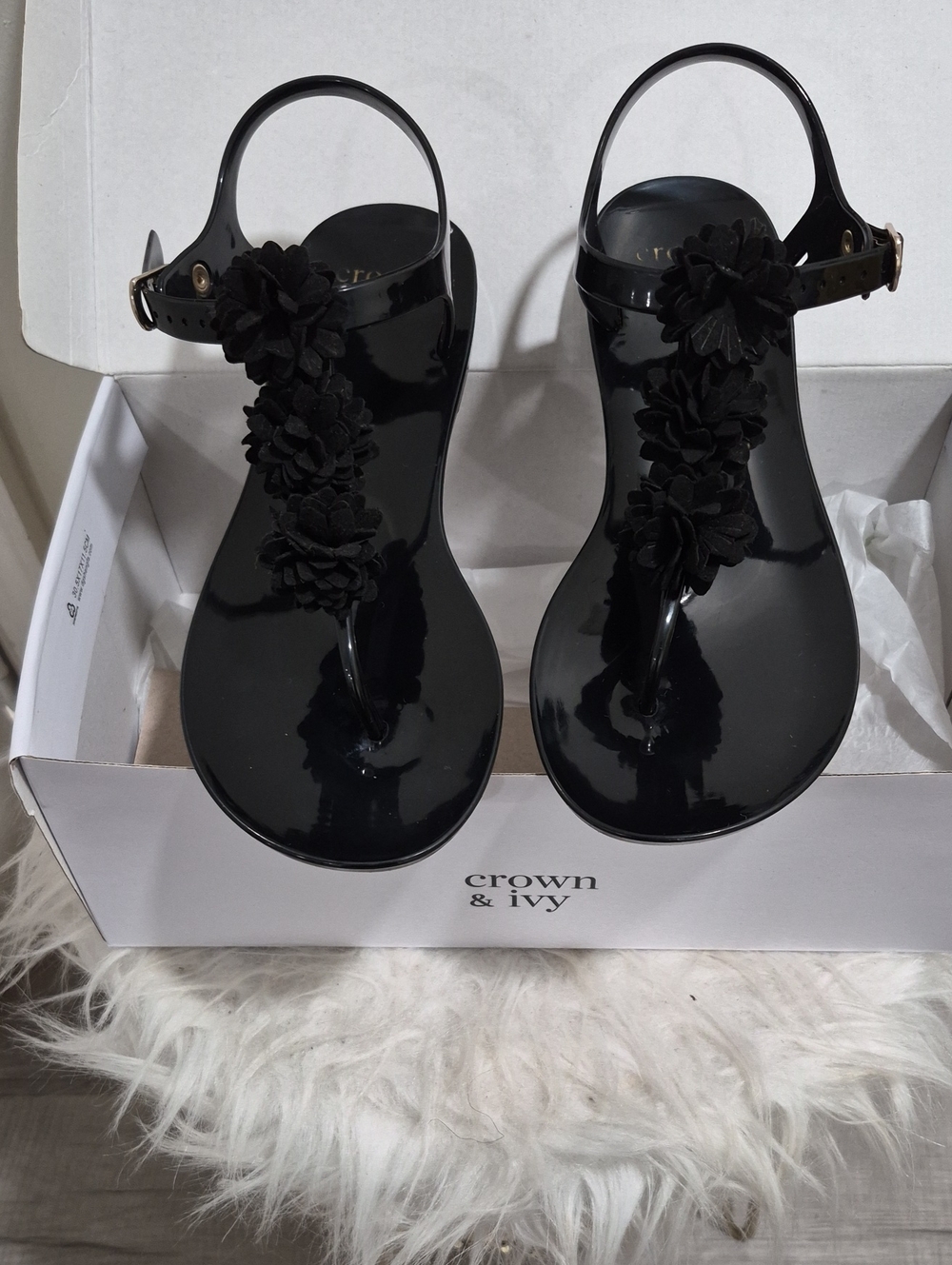 crown & ivy Black Floral Jelly T-Strap Sandals with Ankle Buckle